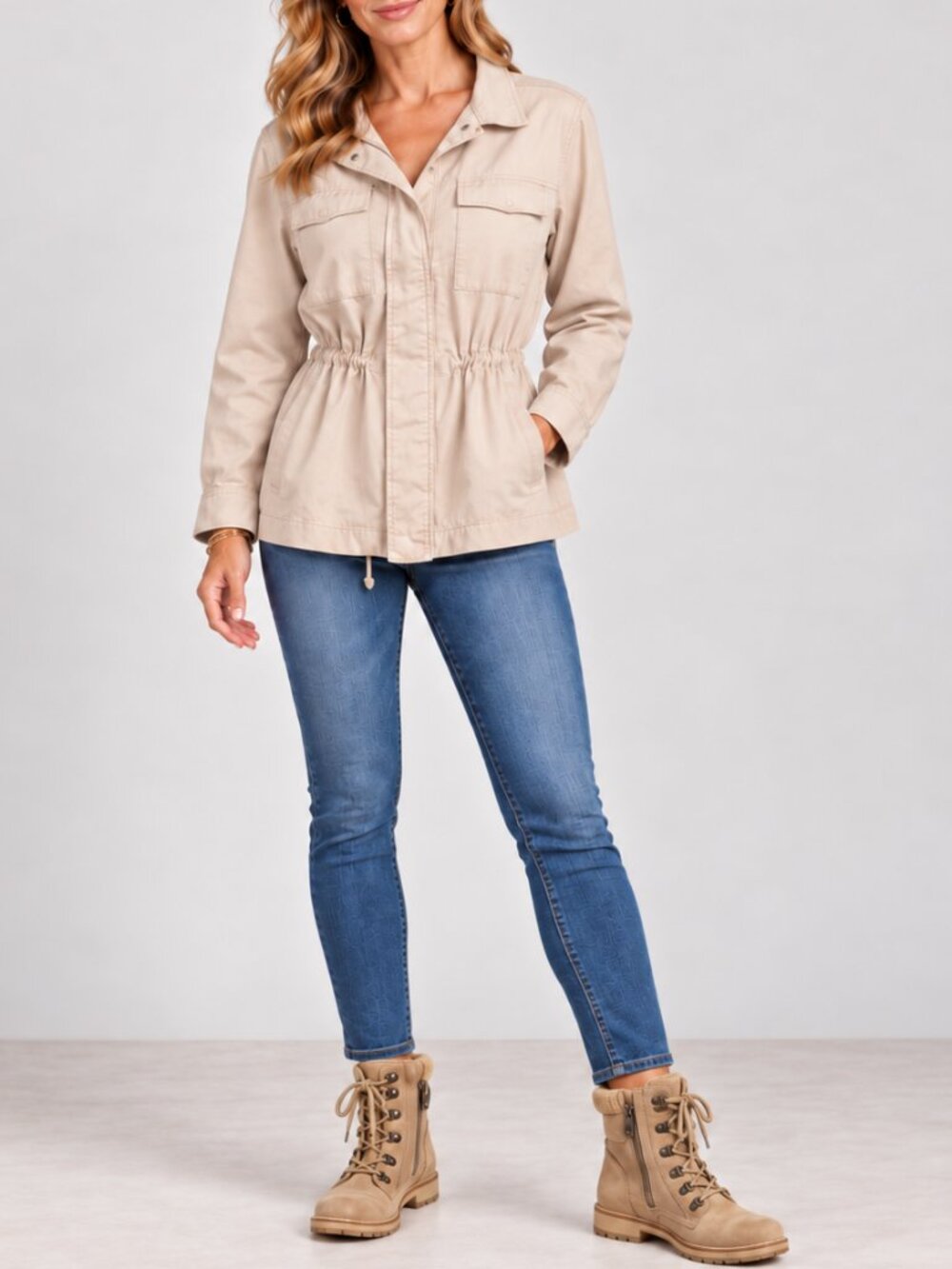 Beige Cargo Jacket Lightweight Cinched Waist Utility Jacket Safari Coat